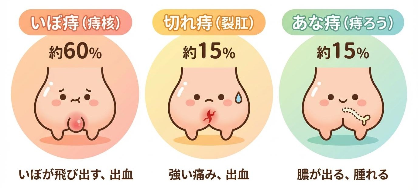 いぼ痔・切れ痔・あな痔の3種類の比較イラスト